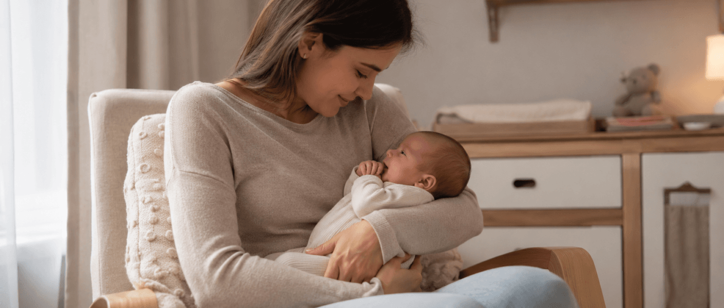 Crie uma imagem 16:9 de uma mãe amamentando seu bebe de 2 meses