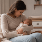 Crie uma imagem 16:9 de uma mãe amamentando seu bebe de 2 meses