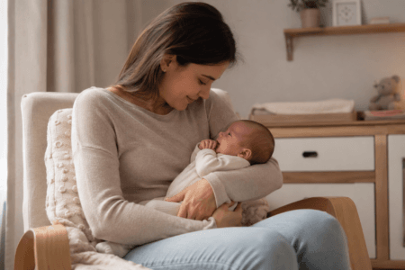 Crie uma imagem 16:9 de uma mãe amamentando seu bebe de 2 meses