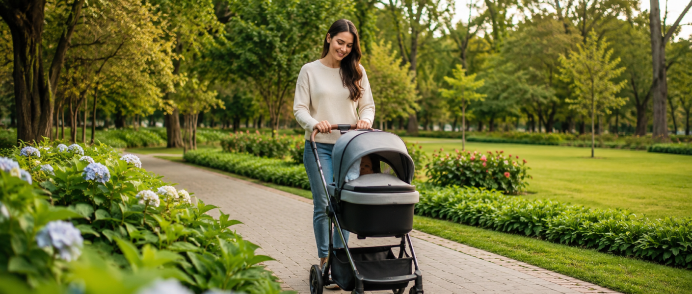 Carrinho com freio nas rodas é importante? Entenda segurança, estabilidade e prevenção de acidentes com o bebê.