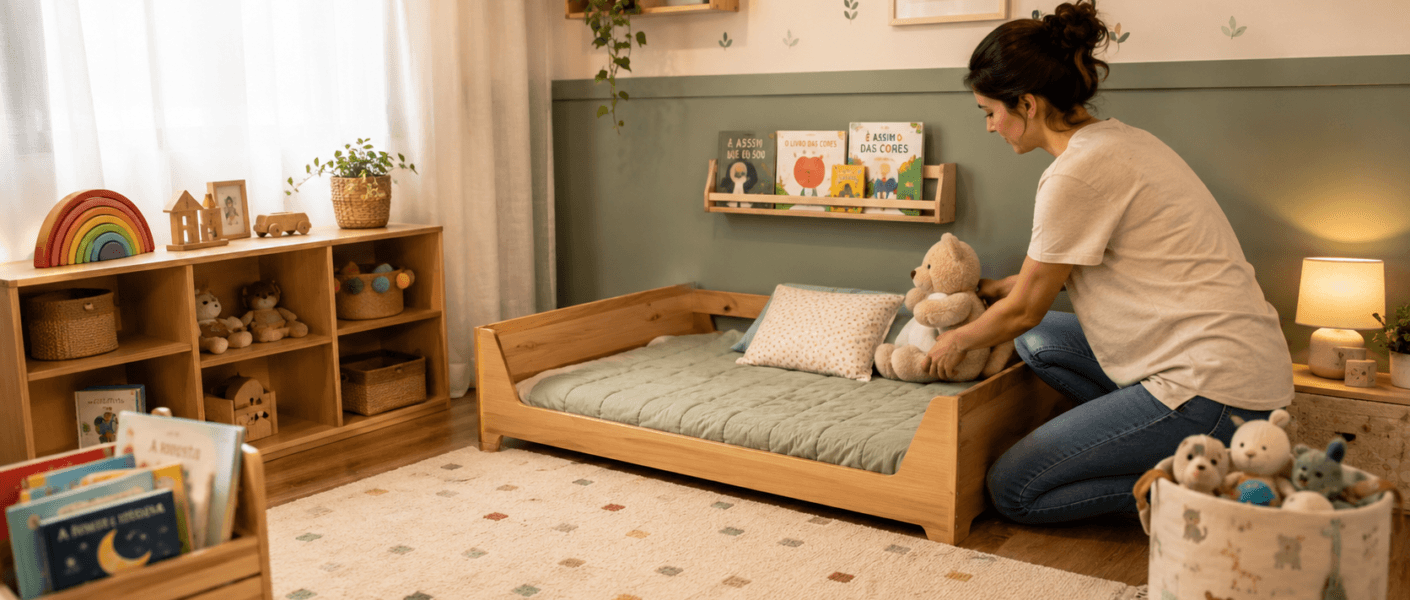O que avaliar antes de comprar uma cama montessoriana? Veja idade, segurança, colchão, estrutura e ambiente.