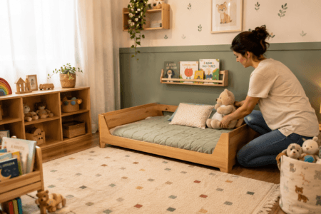 O que avaliar antes de comprar uma cama montessoriana? Veja idade, segurança, colchão, estrutura e ambiente.