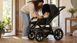 Carrinho de bebê com rodas grandes é mais confortável? Entenda como rodas, suspensão e terreno afetam o conforto.
